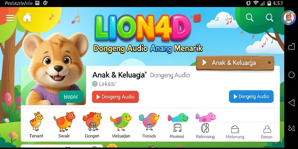 Antarmuka aplikasi LION4D dengan koleksi dongeng audio untuk anak-anak.