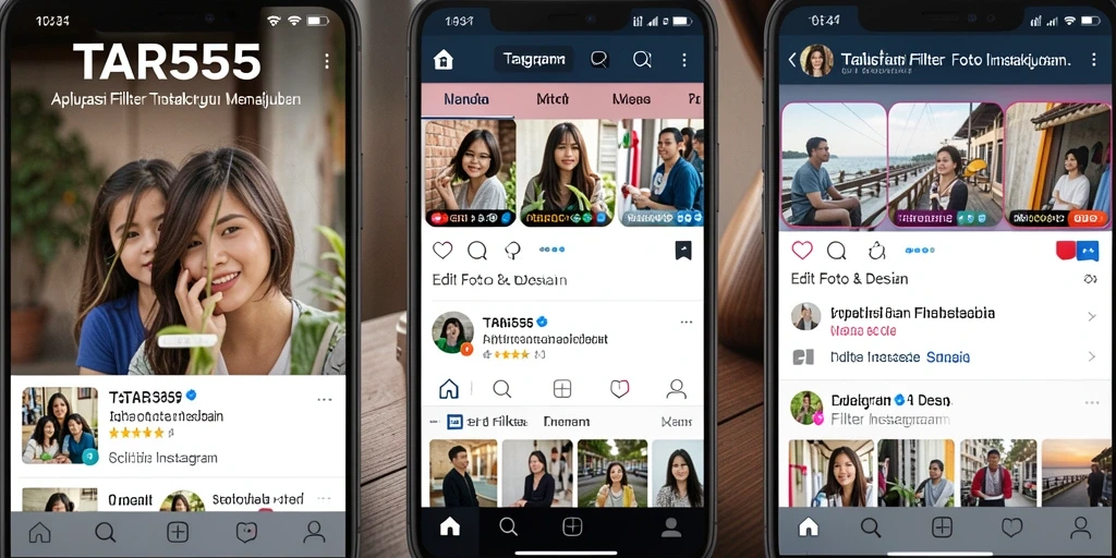 Antarmuka aplikasi TAR555 dengan berbagai pilihan filter Instagram.